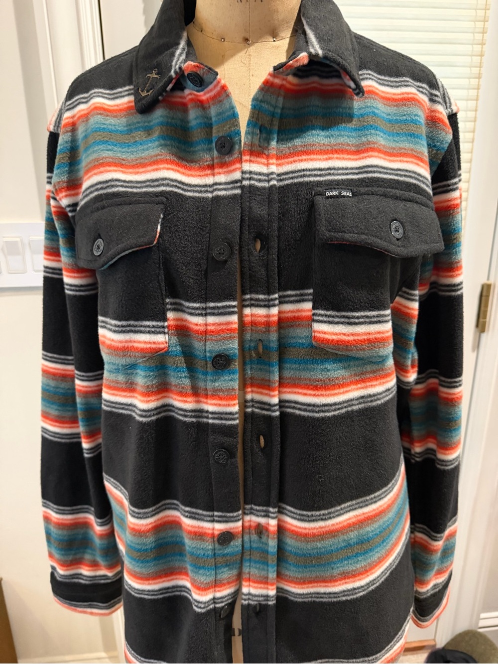 Men's Black Striped Lightweight Shirt Jacket with Teal and Coral Accents